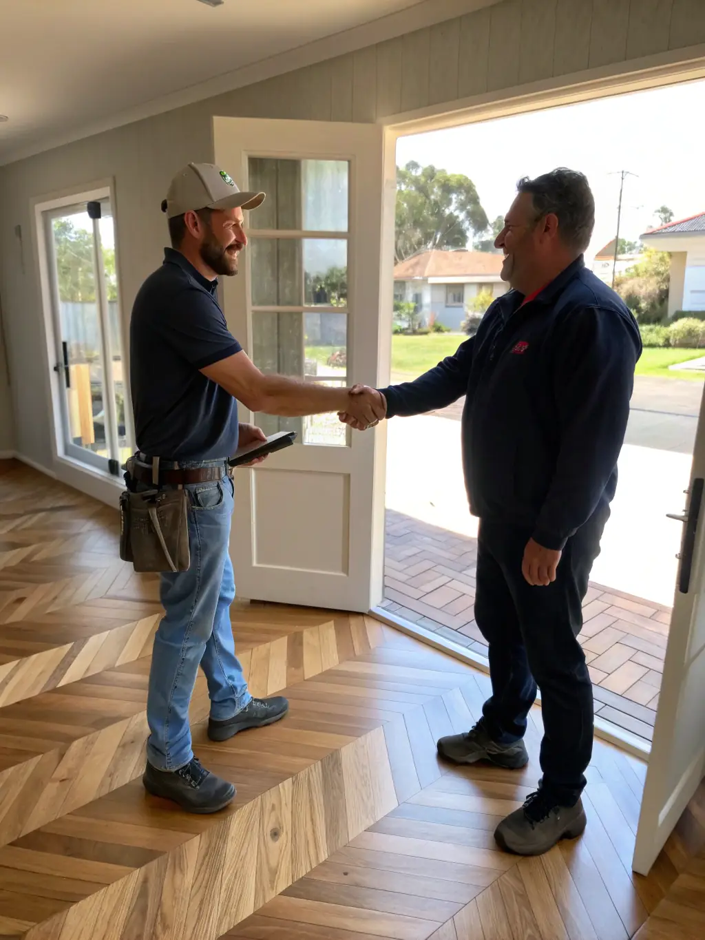 An image of a satisfied customer shaking hands with one of the JR Tile Designs team members in front of their newly tiled kitchen.