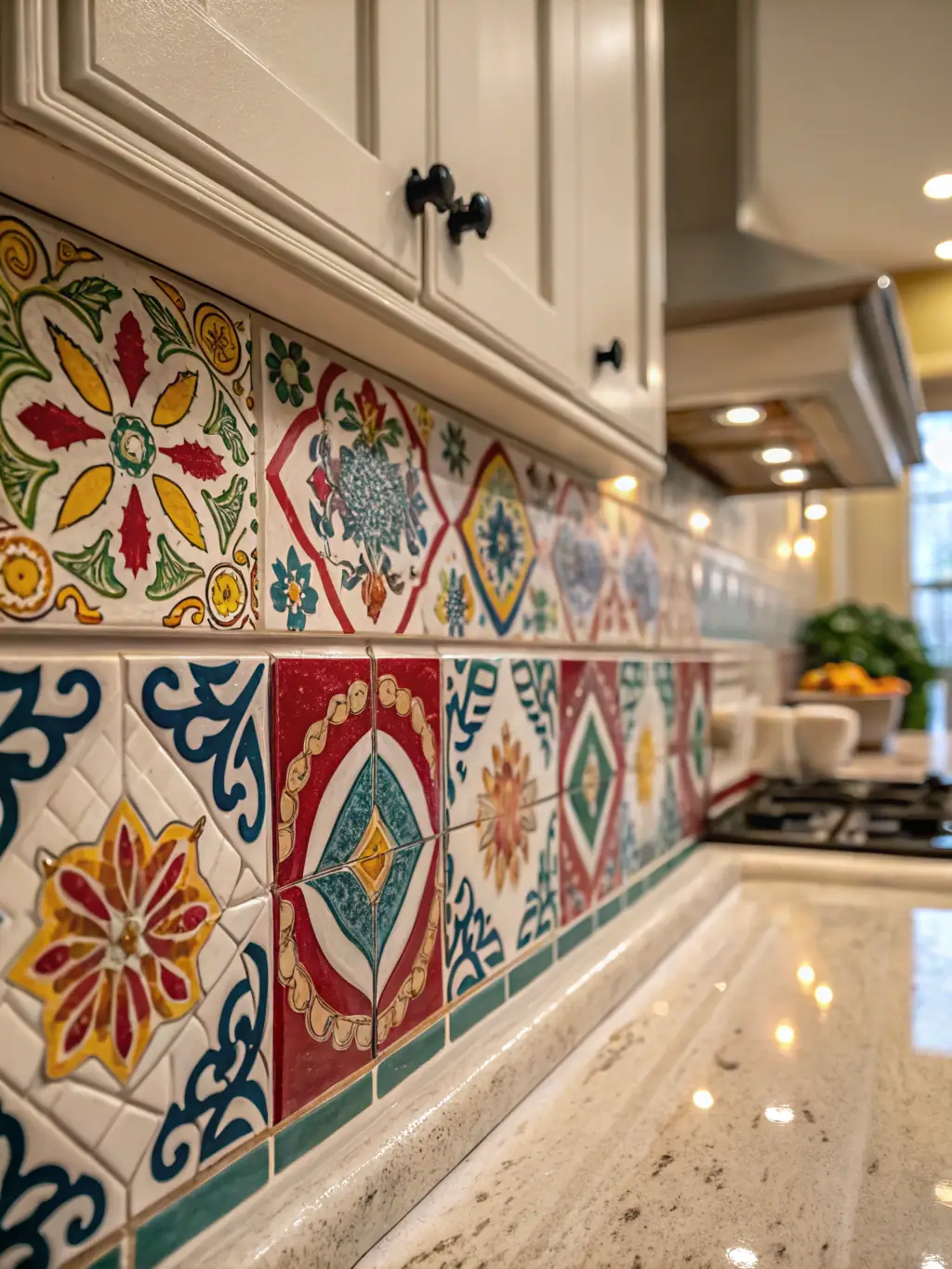 A detailed close-up shot of a kitchen backsplash featuring intricate tile patterns and high-quality materials, emphasizing the attention to detail.